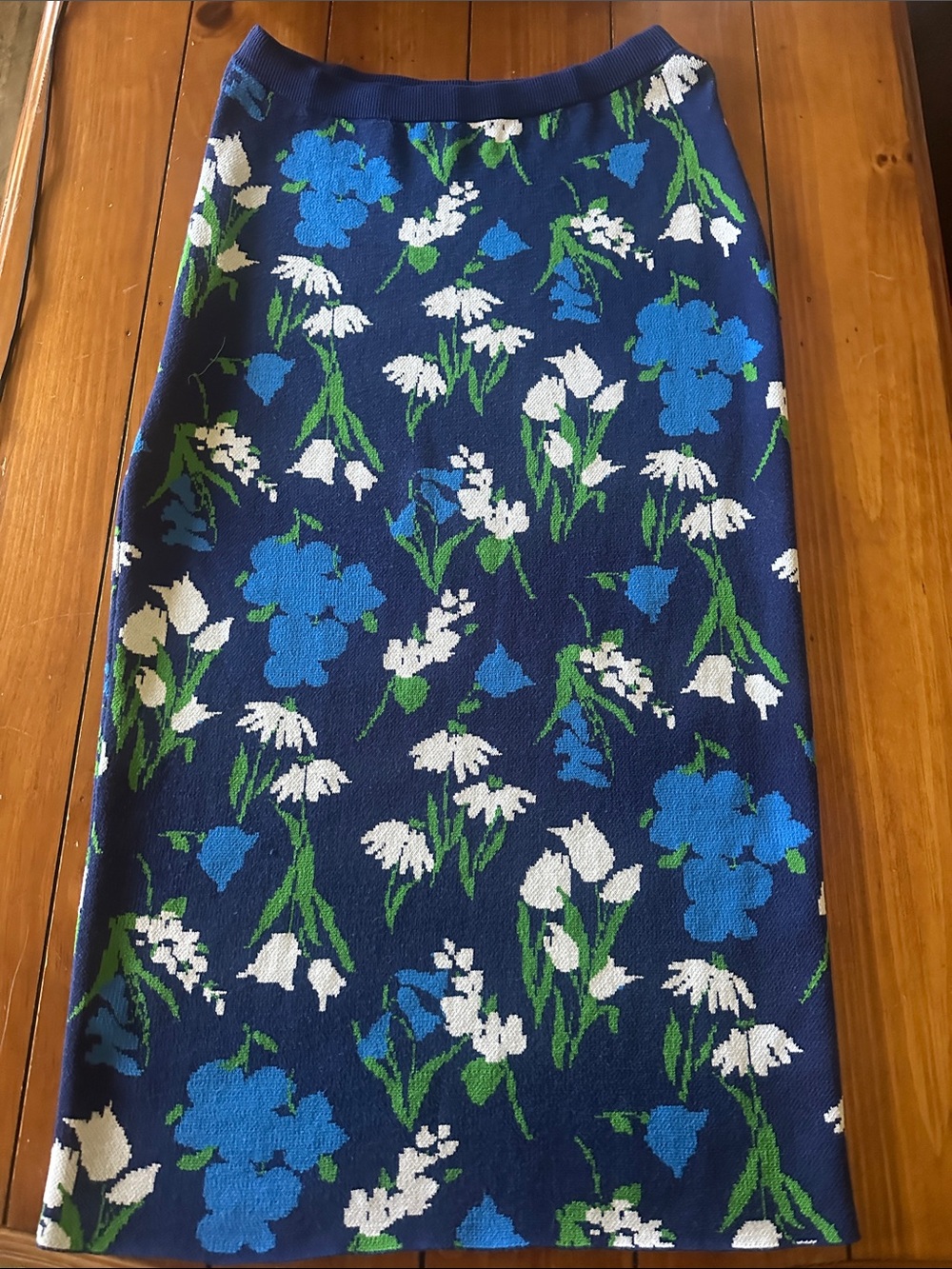 Navy Blue Floral Pencil Skirt with Green Accents